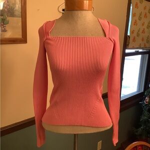 Anna October Square Neck Tie Back Ribbed Pink Sweater XS NWOT